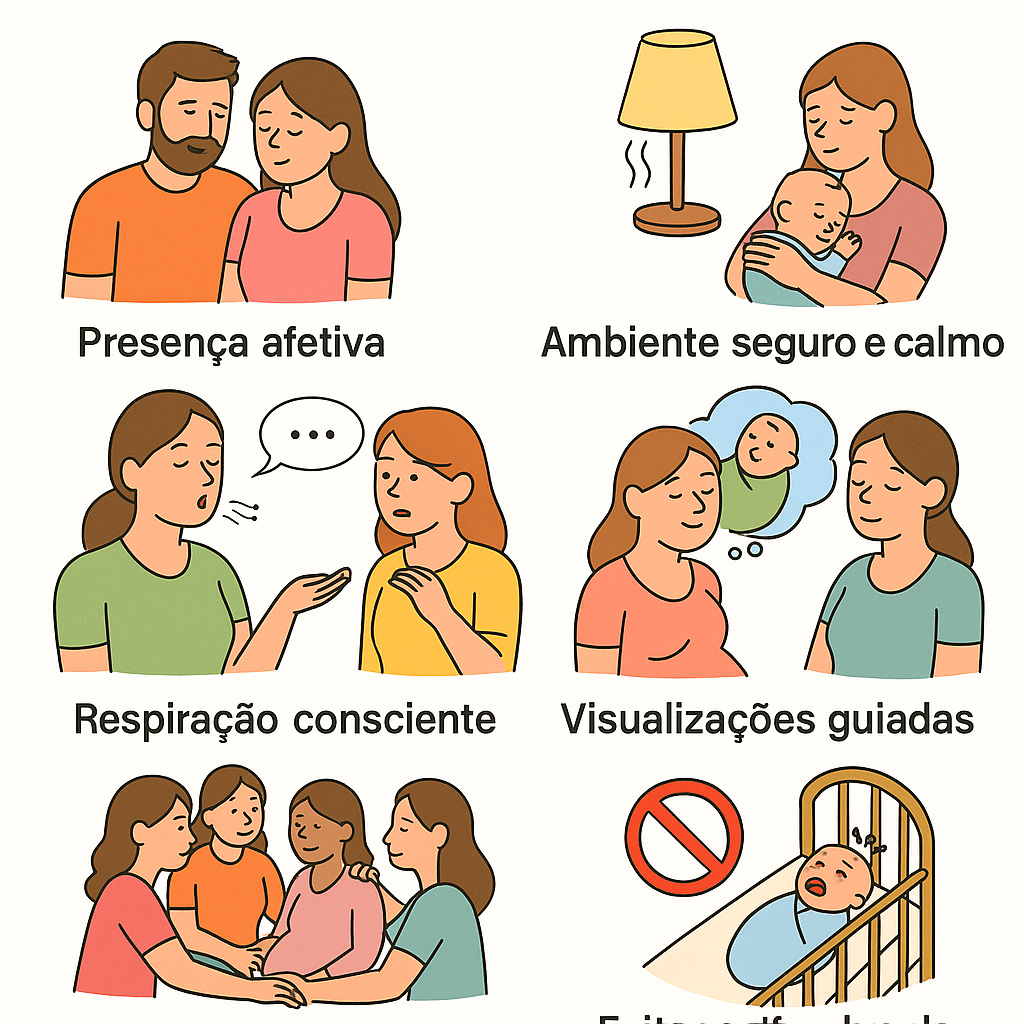 Técnicas para apoiar a mãe e o bebê emocionalmente.
